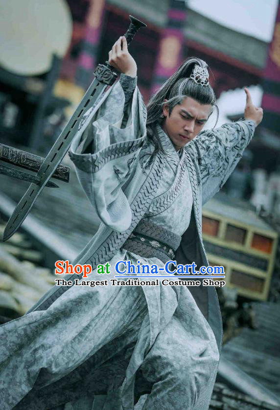 Drama Sword Dynasty Chinese Ancient Swordsman Knight Ding Ning Costume and Headpiece Complete Set