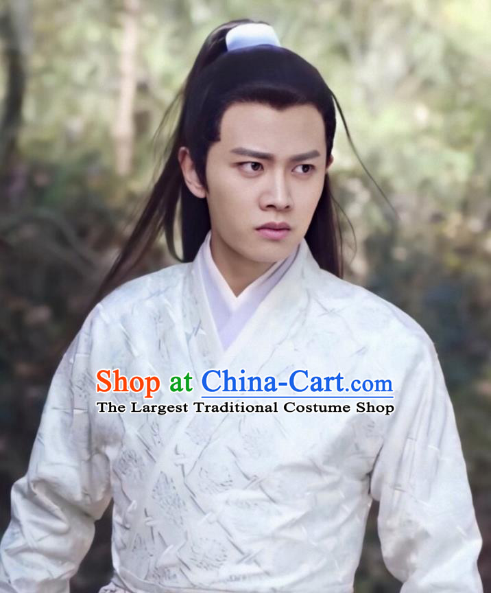 Drama Under the Power Chinese Ancient Ming Dynasty Swordsman Lu Yi White Costume and Headpiece Complete Set