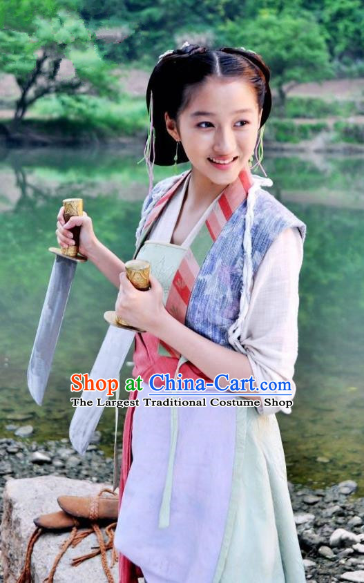 Chinese Ancient Tang Dynasty Female Civilian Shui Lian Dress Historical Drama Dagger Mastery Guan Xiaotong Costume and Headpiece for Women