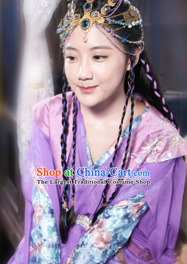 Chinese Ancient Noble Lady A Ruan Purple Dress Historical Drama Cinderella Chef Costume and Headpiece for Women