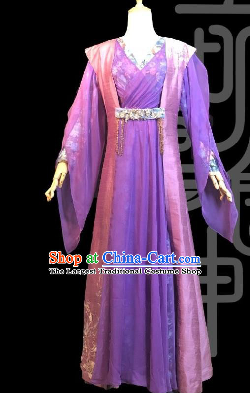 Chinese Ancient Noble Lady A Ruan Purple Dress Historical Drama Cinderella Chef Costume and Headpiece for Women