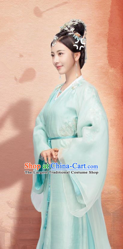 Chinese Ancient Princess Liu Li Blue Dress Historical Drama Cinderella Chef Costume and Headpiece for Women