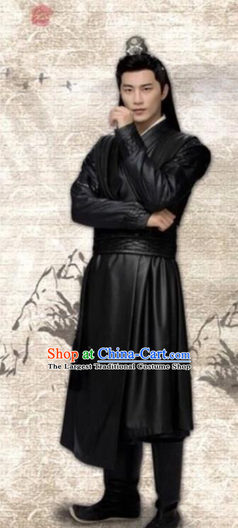 Drama Cinderella Chef Chinese Ancient Swordsman Xia Chunyu Black Costume and Headpiece Complete Set