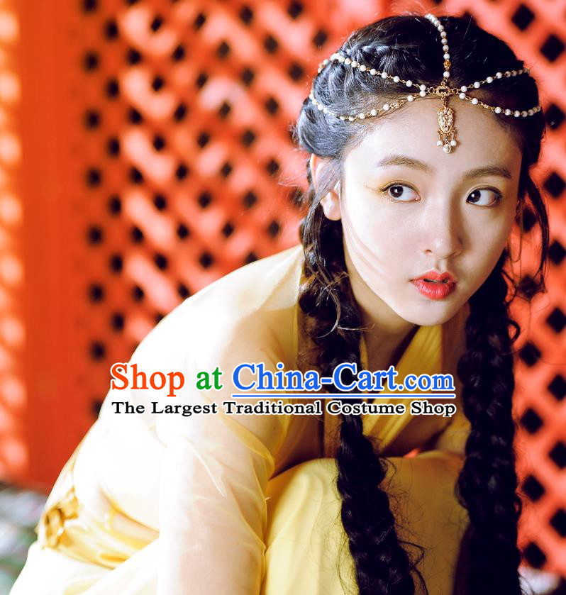 Chinese Ancient Tang Dynasty Maidservant Yellow Dress Historical Drama An Oriental Odyssey Costume and Headpiece for Women