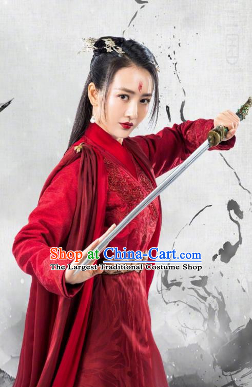 Chinese Ancient Female Swordsman Yu Wei Red Dress Historical Drama The Legend of Jade Sword Costume and Headpiece for Women