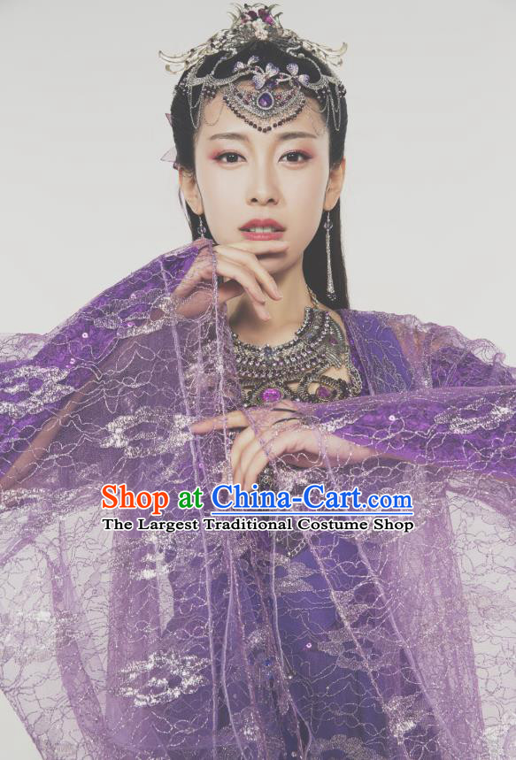 Chinese Ancient Dancer Su Yiyi Purple Dress Historical Drama Jueshi Qianjin Costume and Headpiece for Women