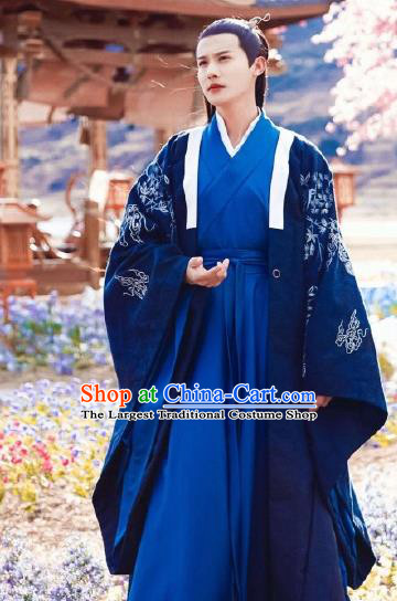 Chinese Ancient Musician Navy Hanfu Clothing and Hairpin Drama Love of Thousand Years Childe Fu Jiuyun Historical Costumes