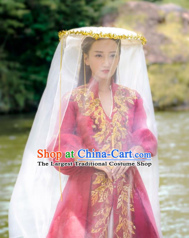 Chinese Ancient Ming Dynasty Female Swordsman Tian Miaowen Red Dress Historical Drama The Dark Lord Costume and Headpiece for Women