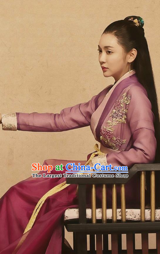 Chinese Ancient Female Swordsman Purple Dress Historical Drama Pingli Fox Qiong Hua Costumes and Headwear