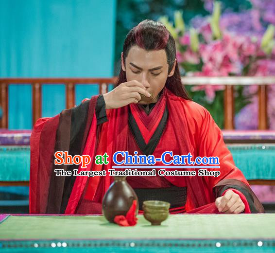 Chinese Ancient King Red Clothing and Jade Hairpin Drama Pingli Fox Yu Yan Apparel Costumes