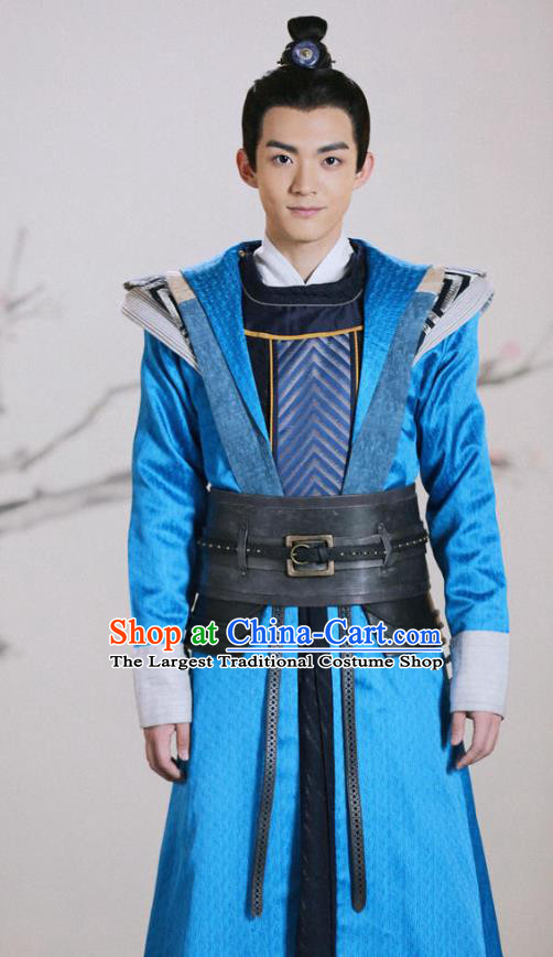 Chinese Ancient Young Knight Clothing and Headwear Drama Tang Dynasty Tour Swordsman Cheng Chumo Blue Costumes