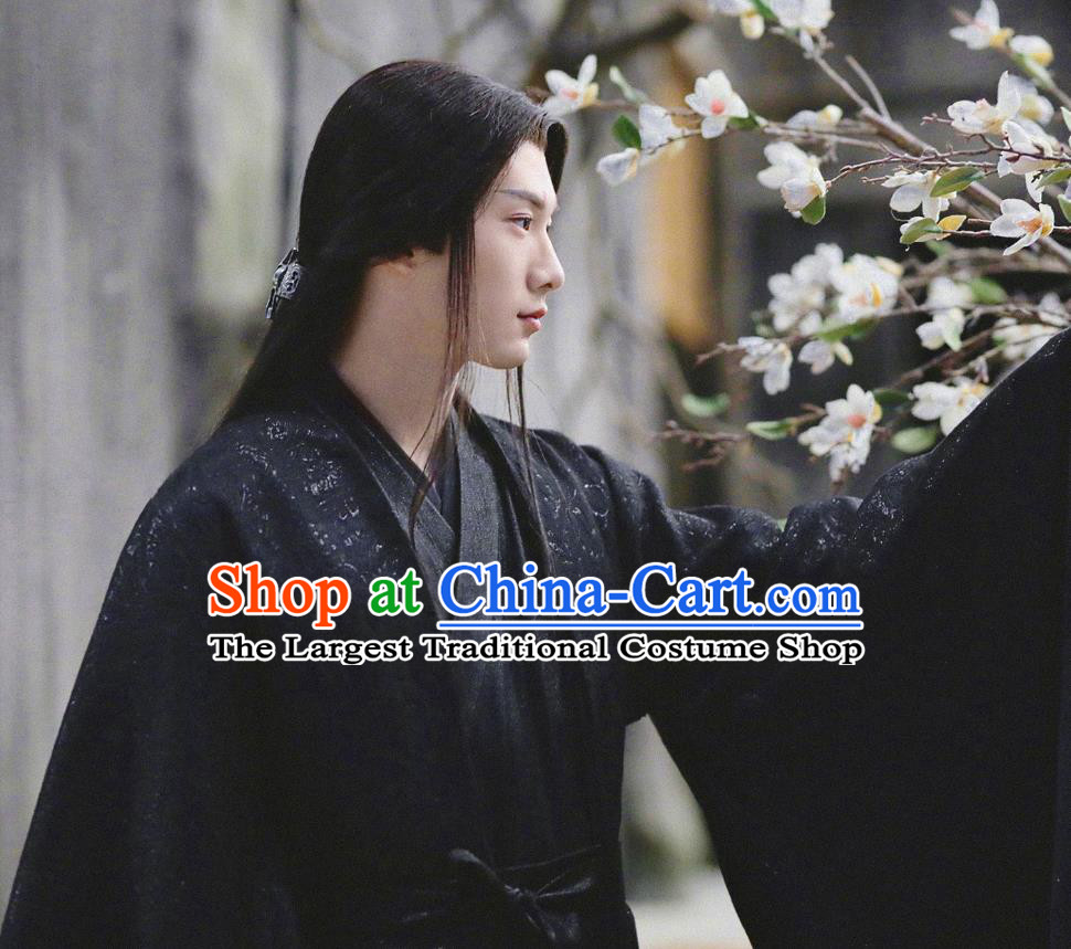 Chinese Ancient Demon Clan Lord Yan Chiwu Drama Sansheng Sanshi Pillow Eternal Love of Dream Black Costumes and Headdress for Men