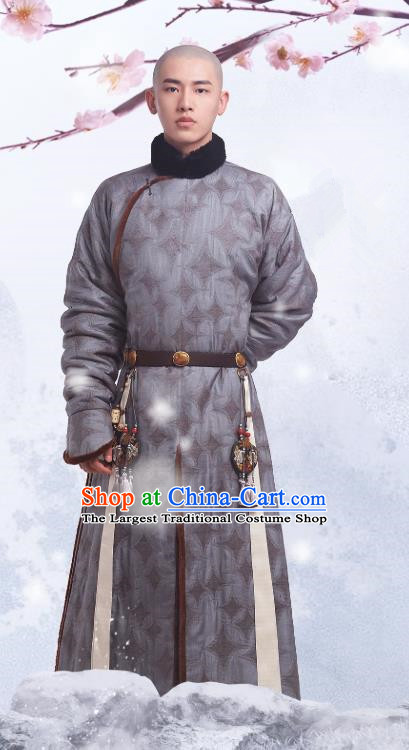 Chinese Ancient Fourteen Prince Aisin Gioro Yinti Garment Manchu Costumes Drama Dreaming Back to the Qing Dynasty Grey Gown Apparels