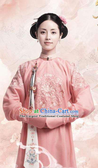 Chinese Ancient Garment Manchu Lady Apparels Pink Qipao Dress and Hair Jewelries Drama Dreaming Back to the Qing Dynasty Imperial Consort Zheng Costumes