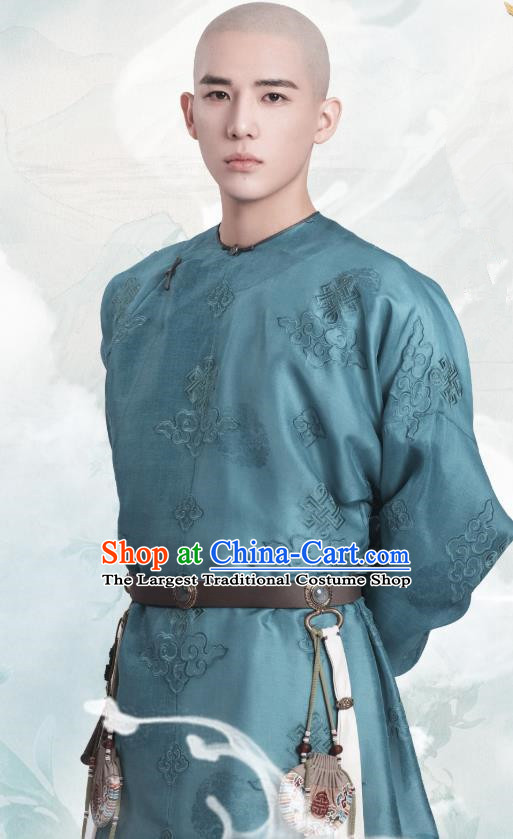 Chinese Ancient Manchu Apparels Costumes Thirteen Prince Garment Drama Dreaming Back to the Qing Dynasty Aisin Gioro Yinxiang Green Gown