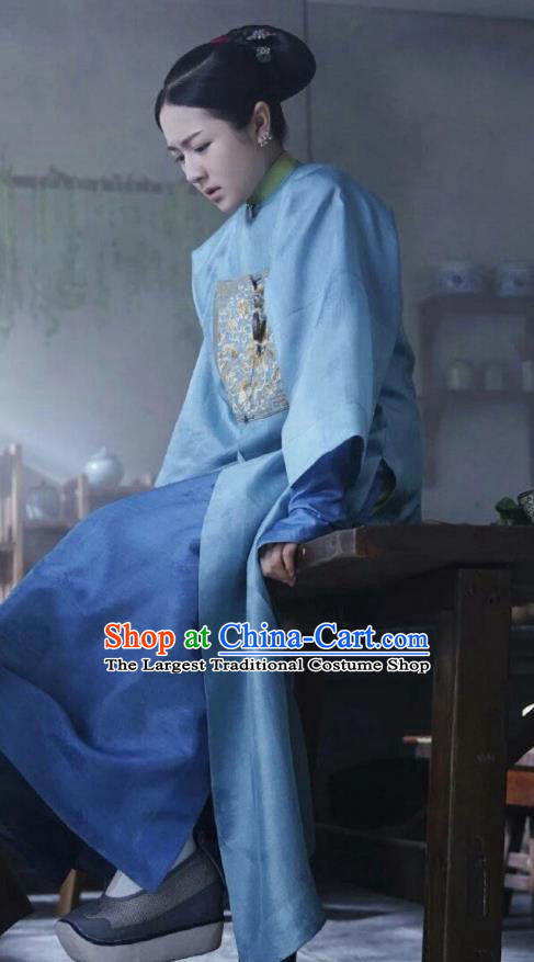 Chinese Ancient Garment Manchu Lady Apparels Blue Qipao Dress and Hair Accessories Drama Dreaming Back to the Qing Dynasty Rani Ming Wei Costumes