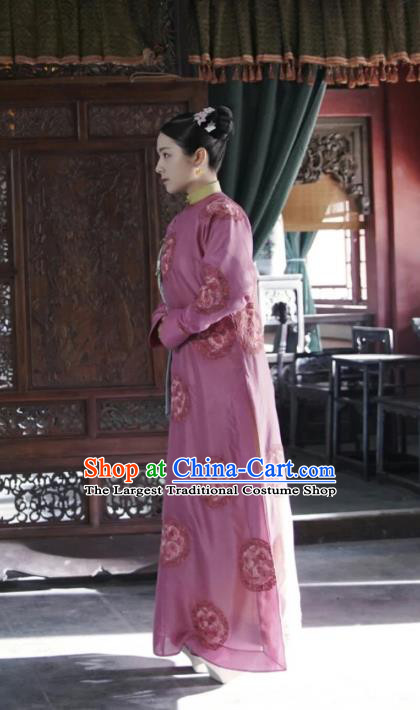 Chinese Ancient Garment Manchu Dame Apparels Purple Qipao Dress and Hair Accessories Drama Dreaming Back to the Qing Dynasty Rani Ming Wei Costumes