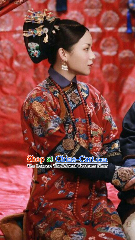 Chinese Ancient Wedding Garment Manchu Red Qipao Dress and Headwear Drama Dreaming Back to the Qing Dynasty Court Rani Apparels Costumes