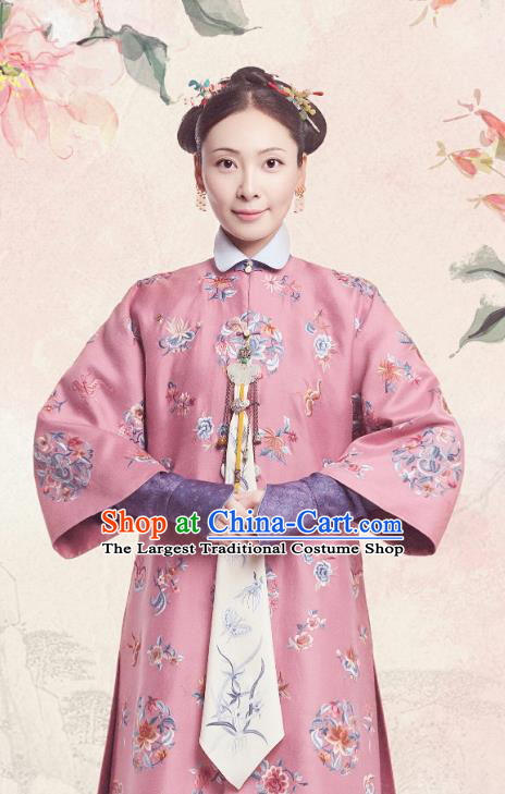 Chinese Ancient Royal Dame Garment Court Manchu Pink Qipao Dress and Headpieces Drama Dreaming Back to the Qing Dynasty Fourth Princess Consort Apparels Costumes
