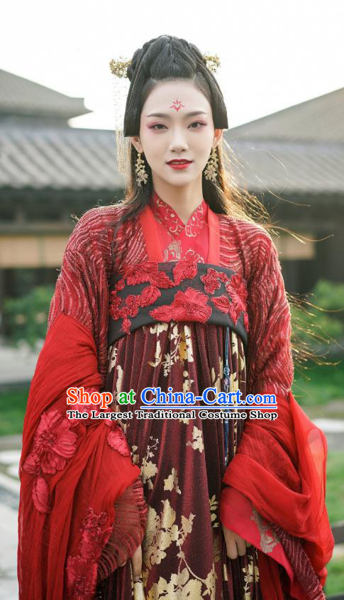 Chinese Ancient Foreign Princess Red Hanfu Dress and Hairpins Drama To Get Her Court Lady Murong Xianyue Apparels Garment Costumes
