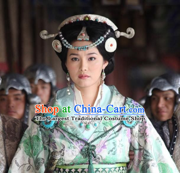 Chinese Ancient Consort Apparels and Headpieces Drama Turbulence of the Mu Clan Costumes Nuo Lan Green Hanfu Dress Garment