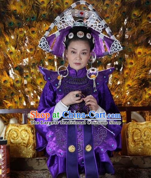 Chinese Ancient Empress Apparels and Headdress Drama Turbulence of the Mu Clan Queen Luo Ningshi Purple Costumes Garment