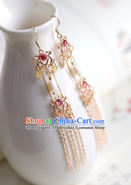 Chinese Ancient Hanfu Garnet Earrings Women Jewelry Ming Dynasty Golden Tassel Ear Accessories