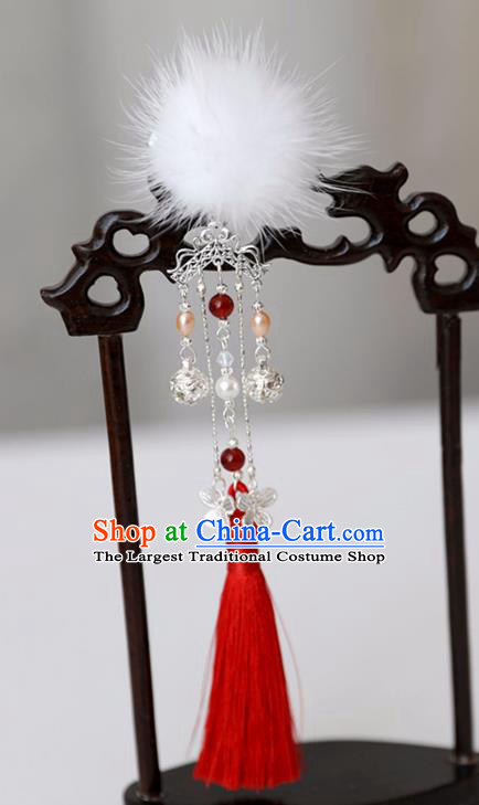 Chinese Ancient Hanfu White Venonat Pearls Hair Claws Hairpin Women Hair Accessories Red Tassel Hair Stick Headwear