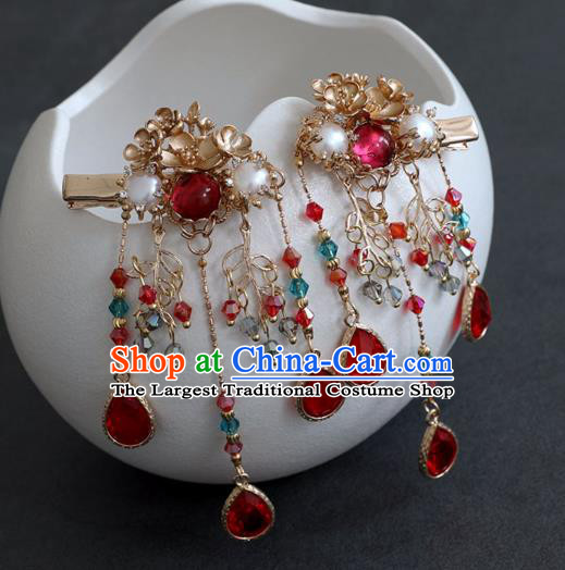 Chinese Ancient Red Crystal Golden Hair Claws Women Headwear Hairpin Hanfu Hair Accessories Tassel Hair Sticks
