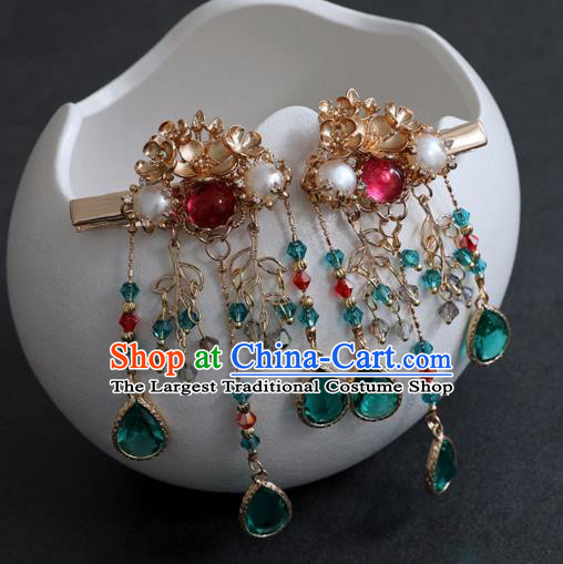 Chinese Ancient Green Crystal Golden Hair Claws Women Headwear Hairpin Hanfu Hair Accessories Tassel Hair Sticks