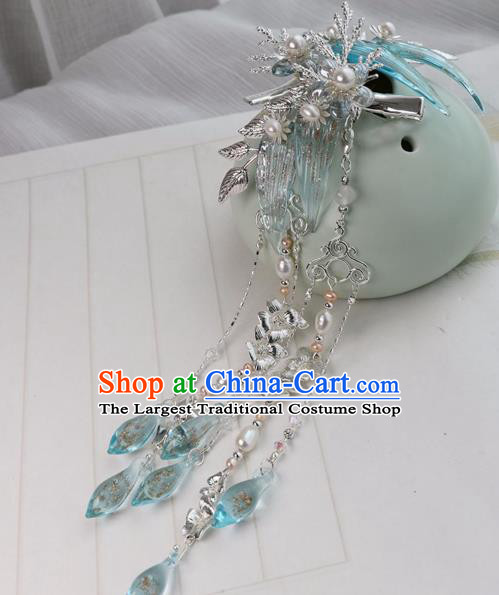 Chinese Ancient Women Blue Bamboo Leaf Hair Claws Headwear Hanfu Hair Accessories Tassel Hair Stick
