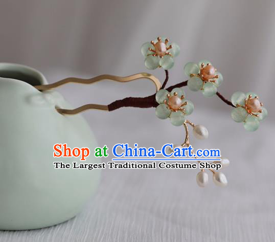 Chinese Ancient Women Green Beads Plum Hairpin Headwear Hair Accessories Hanfu Hair Clip