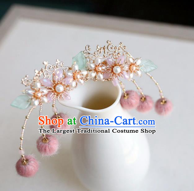 Chinese Ancient Pink Venonat Hair Claws Headwear Women Hair Accessories Ming Dynasty Pearls Hair Stick