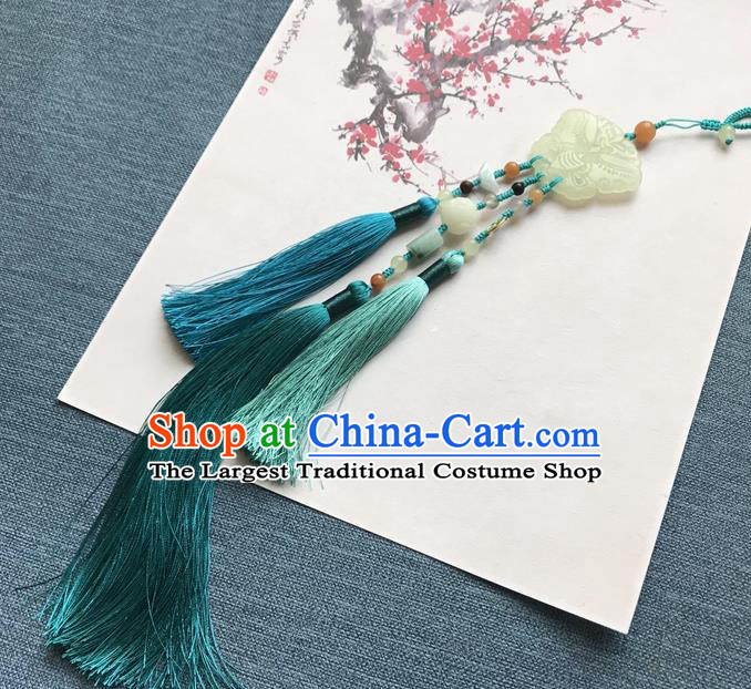 Chinese Ancient Carving Jade Butterfly Blue Tassel Pendant Women Accessories Qing Dynasty Court Brooch Jewelry
