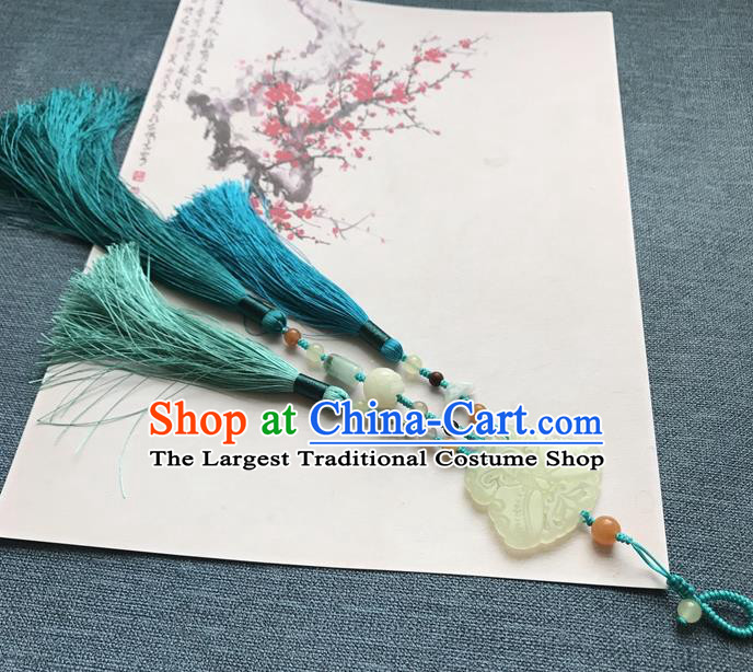 Chinese Ancient Carving Jade Butterfly Blue Tassel Pendant Women Accessories Qing Dynasty Court Brooch Jewelry