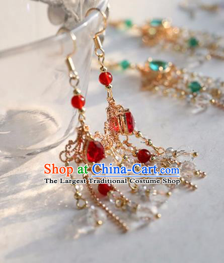 Chinese Ancient Hanfu Red Crystal Earrings Women Jewelry Ming Dynasty Golden Ear Accessories