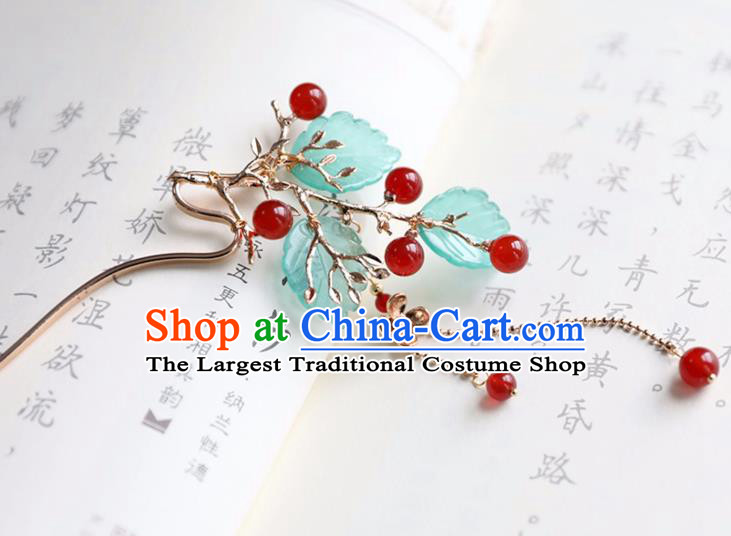 Chinese Ancient Princess Red Beads Leaf Hair Clips Ming Dynasty Headwear Women Hair Accessories Tassel Hairpins