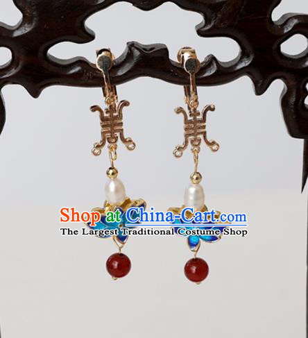 Chinese Ancient Hanfu Cloisonne Lotus Earrings Women Jewelry Ming Dynasty Pearl Ear Accessories