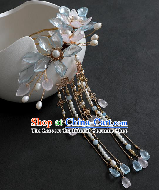 Chinese Ancient Hanfu Blue Flowers Hair Comb Headwear Women Hair Accessories Tassel Hairpin