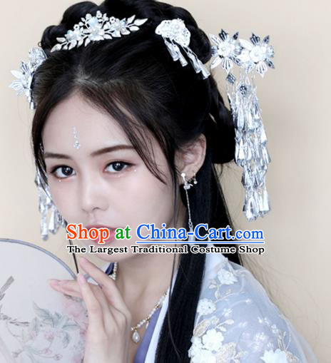 Chinese Ancient Hanfu Argent Flowers Tassel Hair Clip Headwear Hairpin Women Hair Accessories