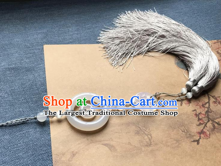 Chinese Ancient Hanfu Carving Lotus Root Jade Grey Tassel Pendant Jade Lappet Jewelry Brooch Accessories