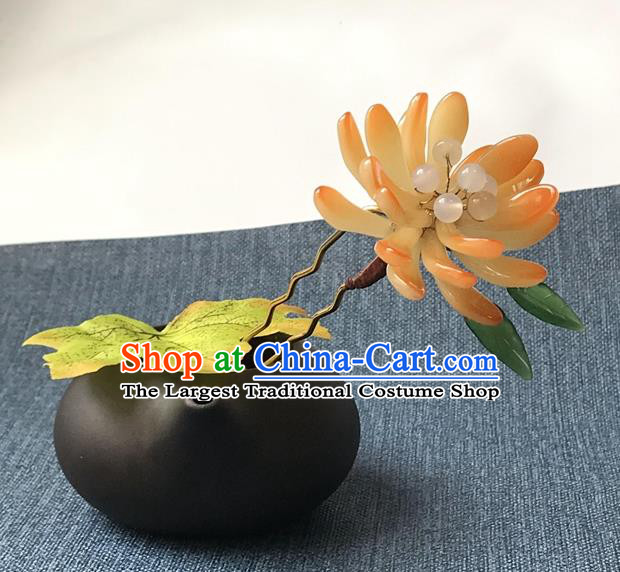 Chinese Ancient Women Orange Chrysanthemum Hair Clip Handmade Headwear Hanfu Hair Accessories Hairpin