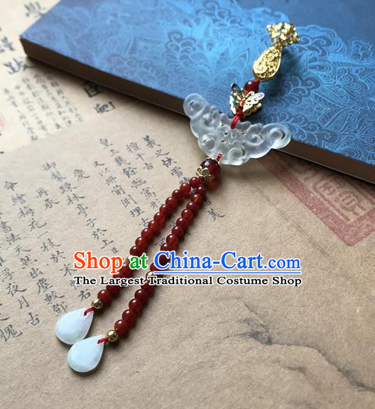 Chinese Ancient Hanfu Red Beads Tassel Pendant Jade Lappet Brooch Jewelry Carving Jade Accessories