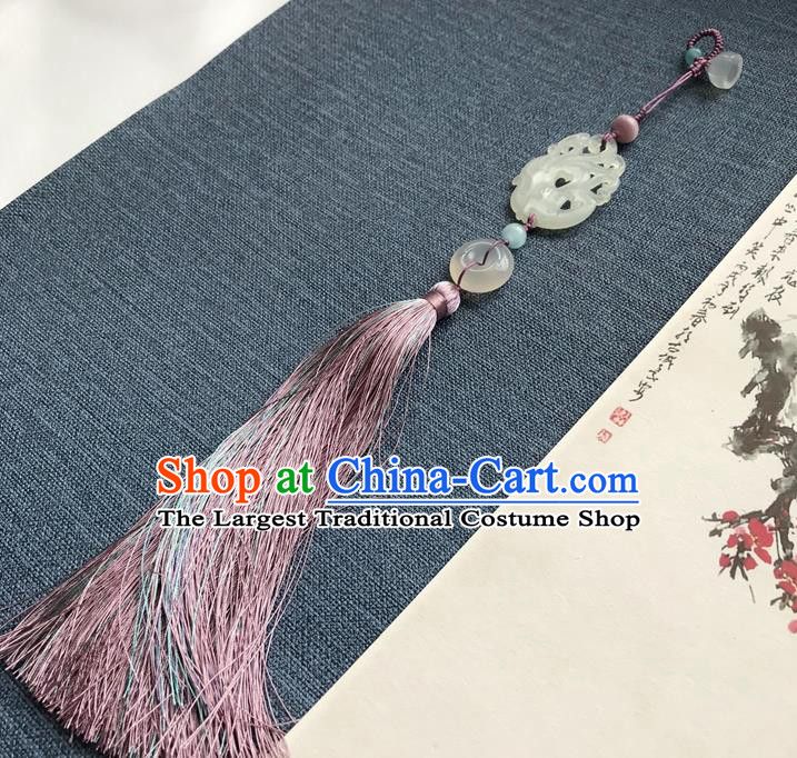 Chinese Ancient Hanfu Carving Phoenix Jade Pendant Lappet Brooch Jewelry Jade Purple Tassel Accessories