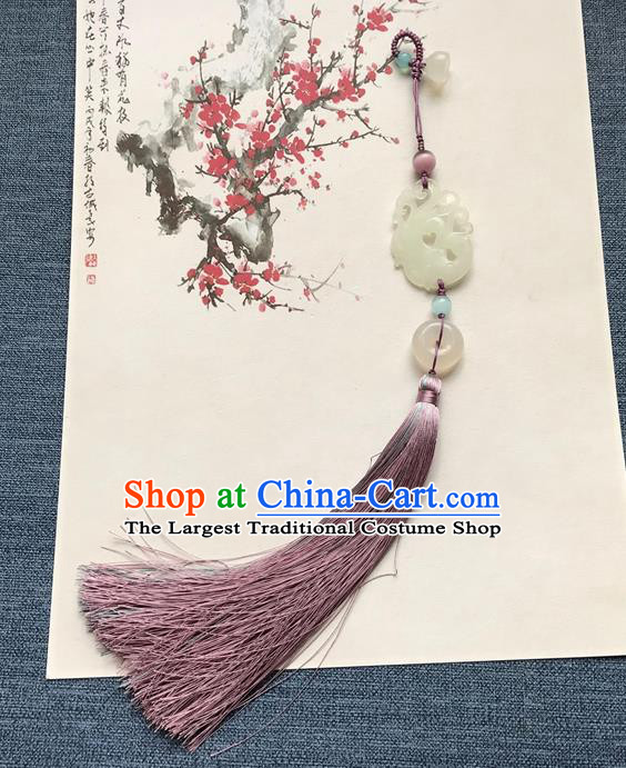 Chinese Ancient Hanfu Carving Phoenix Jade Pendant Lappet Brooch Jewelry Jade Purple Tassel Accessories