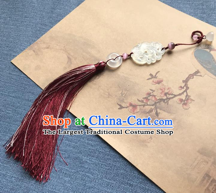 Chinese Ancient Hanfu Carving Phoenix Jade Pendant Lappet Brooch Jewelry Jade Wine Red Tassel Accessories