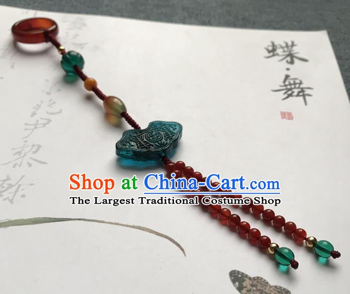 Chinese Ancient Hanfu Red Beads Tassel Pendant Lappet Brooch Jewelry Green Coloured Glaze Accessories