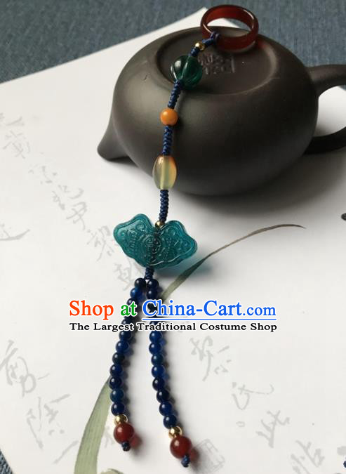 Chinese Ancient Hanfu Blue Beads Tassel Pendant Lappet Brooch Jewelry Green Coloured Glaze Accessories