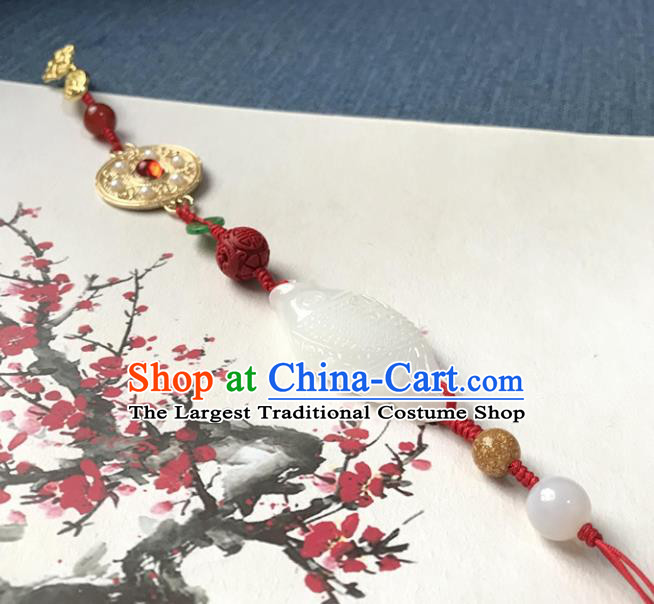 Chinese Ancient Hanfu Red Tassel Brooch Pendant White Jade Carving Fish Jewelry Golden Accessories Lappet
