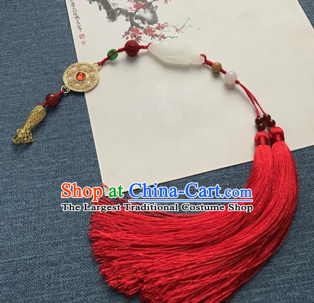 Chinese Ancient Hanfu Red Tassel Brooch Pendant White Jade Carving Fish Jewelry Golden Accessories Lappet